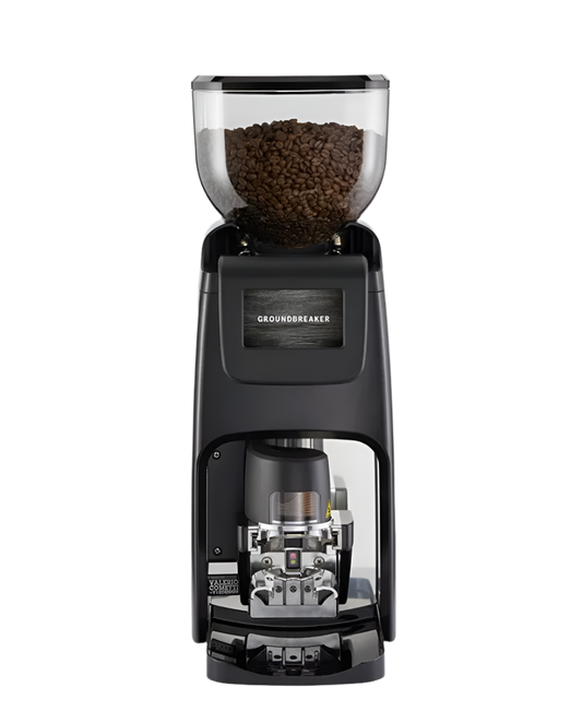Front view of the Elective Autotamper Grinder by Cimbali filled with coffee beans - Front View – Cimbali Autotamper Elective Coffee Grinder for Professional Baristas - The Elective Autotamper Grinder’s intuitive interface and robust design make it a must-have for any high-end coffee setup.