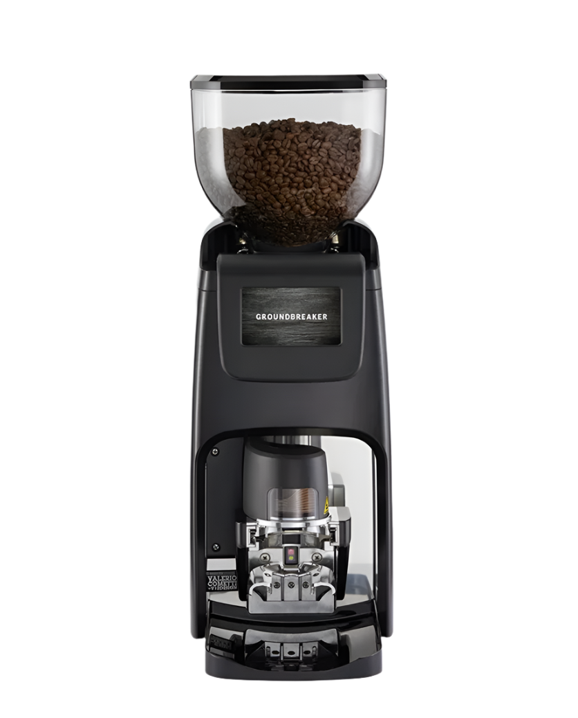 Front view of the Elective Autotamper Grinder by Cimbali filled with coffee beans - Front View – Cimbali Autotamper Elective Coffee Grinder for Professional Baristas - The Elective Autotamper Grinder’s intuitive interface and robust design make it a must-have for any high-end coffee setup.