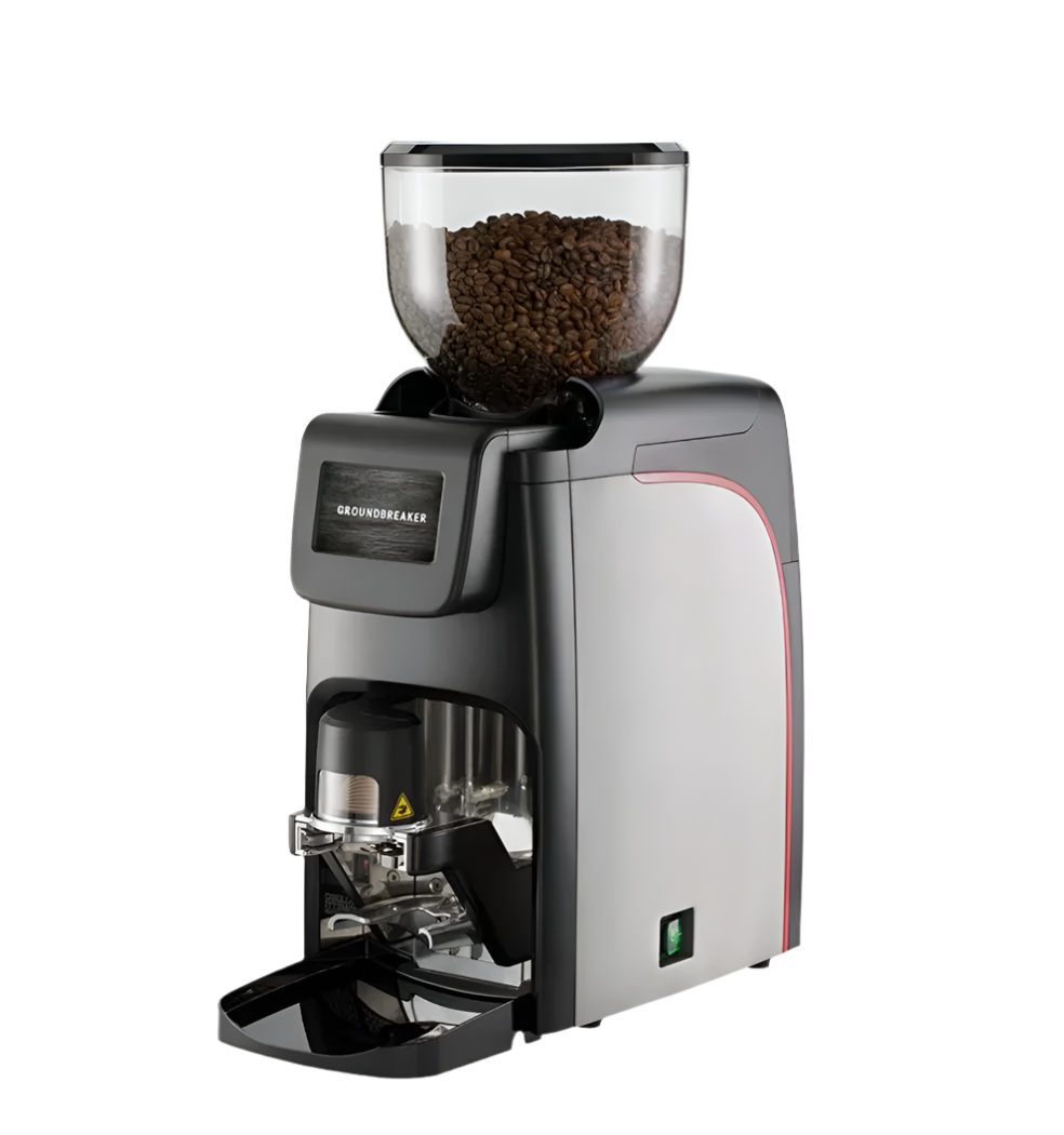 Side view of the Elective Autotamper Grinder by Cimbali with coffee beans in the hopper - Cimbali Elective Autotamper Grinder – Precision Grinding in a Sleek Design - Experience the perfect grind with the Elective Autotamper Grinder by Cimbali, engineered for modern espresso perfection.