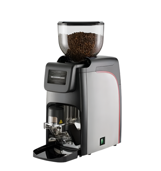 Side view of the Elective Autotamper Grinder by Cimbali with coffee beans in the hopper - Cimbali Elective Autotamper Grinder – Precision Grinding in a Sleek Design - Experience the perfect grind with the Elective Autotamper Grinder by Cimbali, engineered for modern espresso perfection.