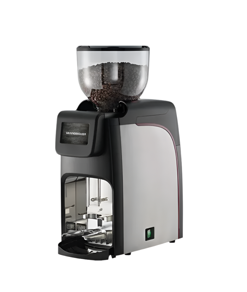 Side view of the Cimbali Elective Grinder highlighting stainless steel body and grind chamber  and manual tamper - Cimbali Elective Grinder – Side View - Sleek side view of the Cimbali Elective Grinder, Manual Tamper engineered for durability and style
