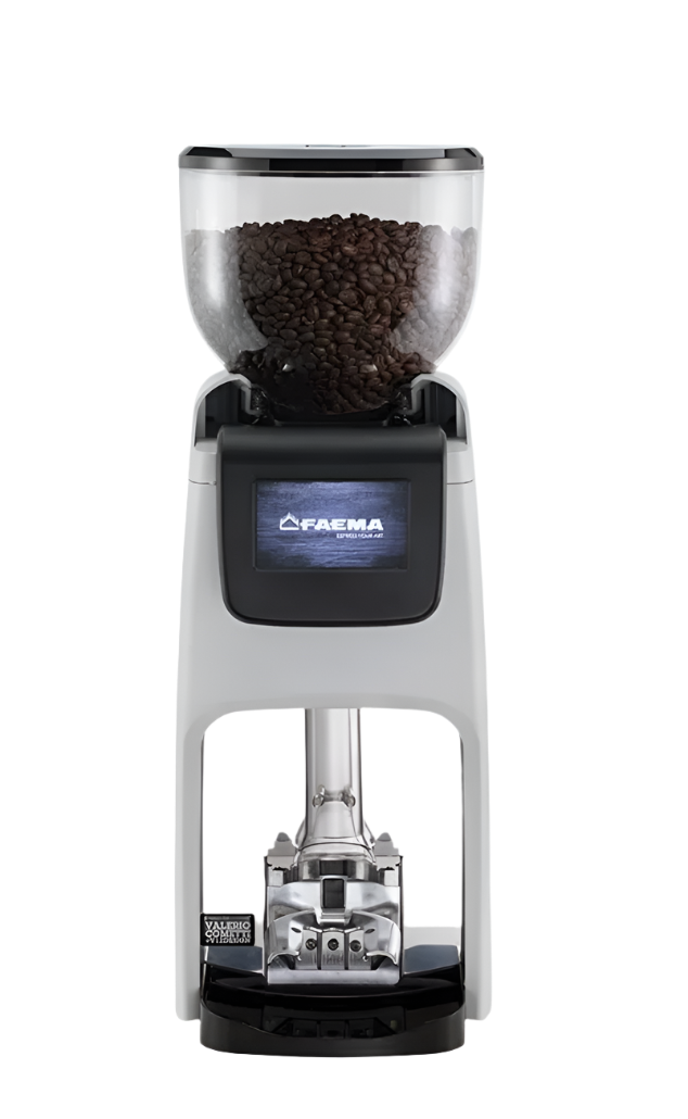Front view of the white Cimbali Elective Grinder with bean hopper and digital display manual tamper - Cimbali Elective Grinder – Front View in White - Manual Tamper - Sleek front view of the Cimbali Elective Grinder in elegant white, showcasing precision and power with manual tamper