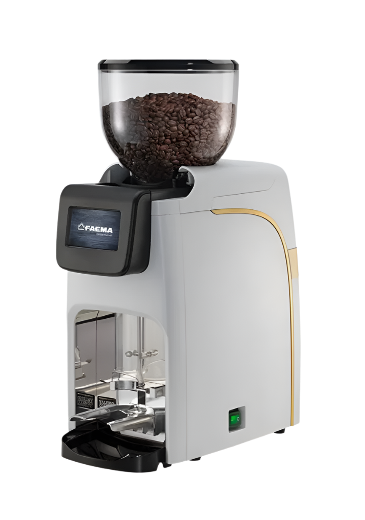 Side view of the white Cimbali Elective Grinder with gold trim and clear hopper and manual tamper - Cimbali Elective Grinder – Side View in White with Gold Trim - Manual Tamper - Premium side profile of the Cimbali Elective Grinder in white with gold accents—engineered for beauty and precision and manual tamper.