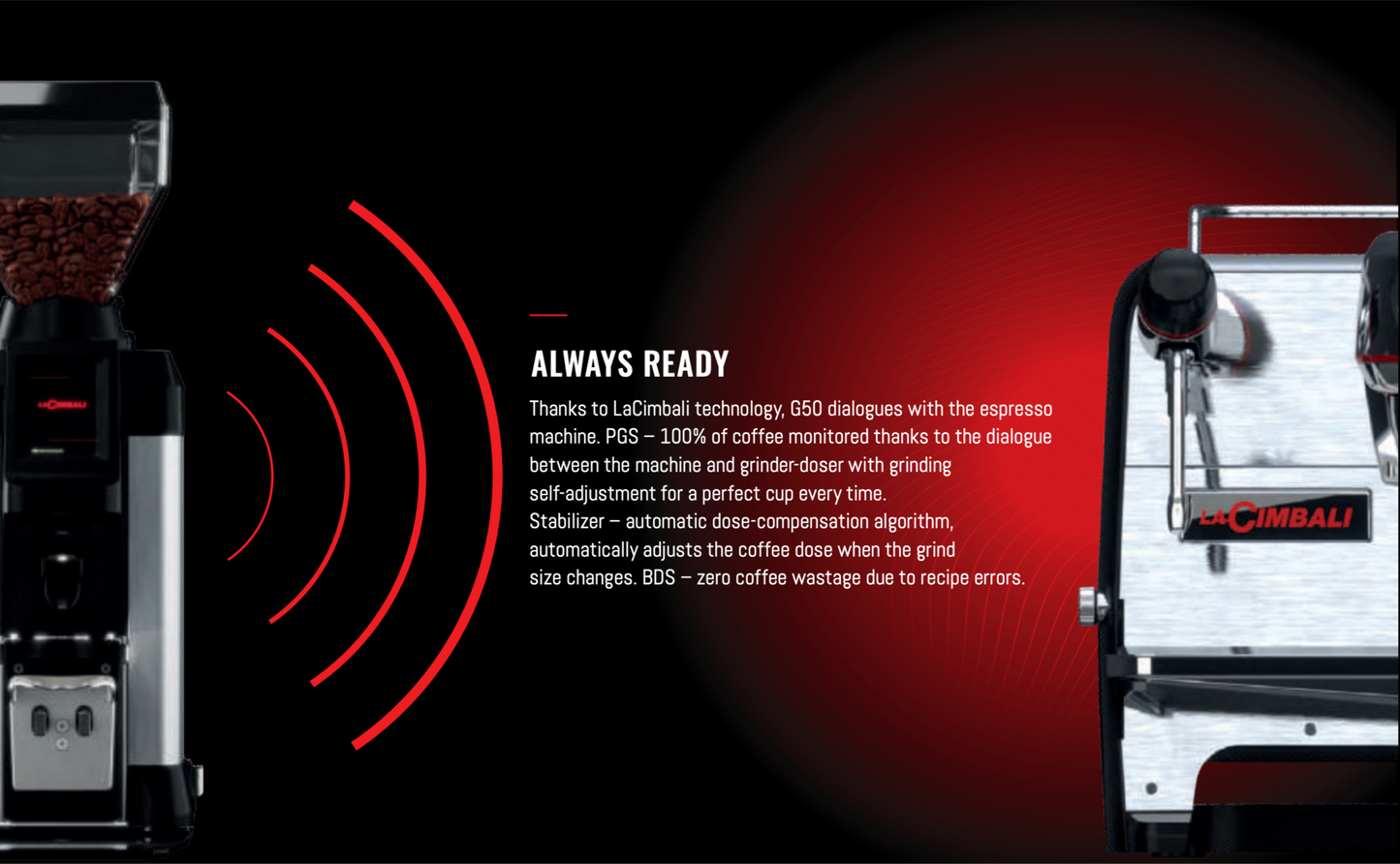 Cimbali G-50 coffee grinder with espresso machine, showing smart connection features and grind dose stability - Cimbali G-50 – Smart Espresso Grinder with Precision Dose Control - Cimbali G-50 uses intelligent dialogue with your espresso machine to ensure perfect dosing and minimal waste.