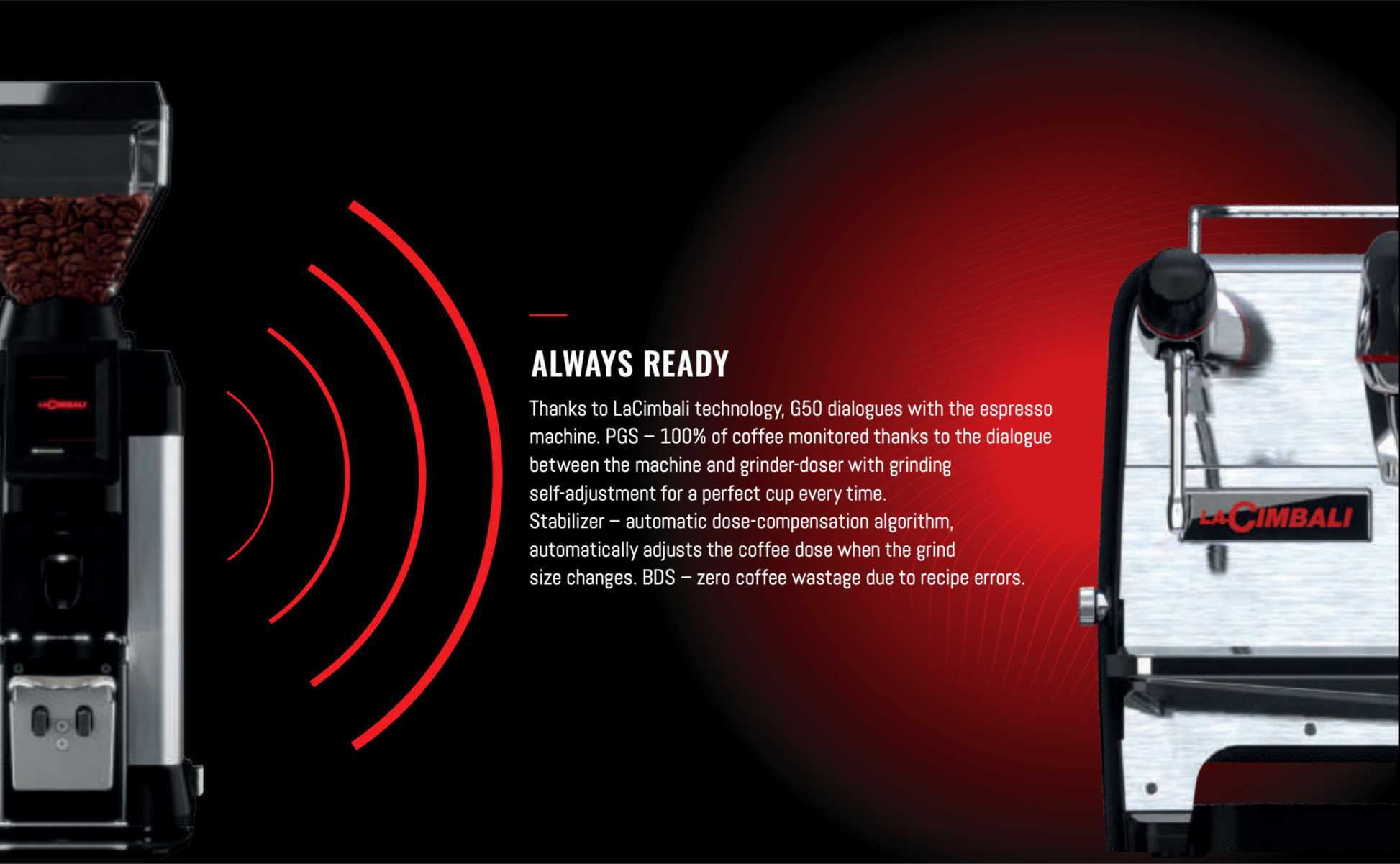Cimbali G-50 coffee grinder with espresso machine, showing smart connection features and grind dose stability - Cimbali G-50 – Smart Espresso Grinder with Precision Dose Control - Cimbali G-50 uses intelligent dialogue with your espresso machine to ensure perfect dosing and minimal waste.