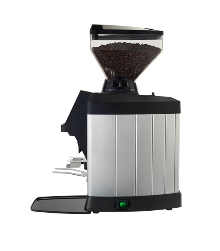 Side view of the Cimbali G-50 coffee grinder with stainless steel body and large bean hopper - G-50 Grinder – Professional Coffee Grinder by Cimbali - The Cimbali G-50 Grinder delivers precision coffee grinding in a durable, user-friendly design—perfect for cafés and restaurants that value consistency and simplicity.