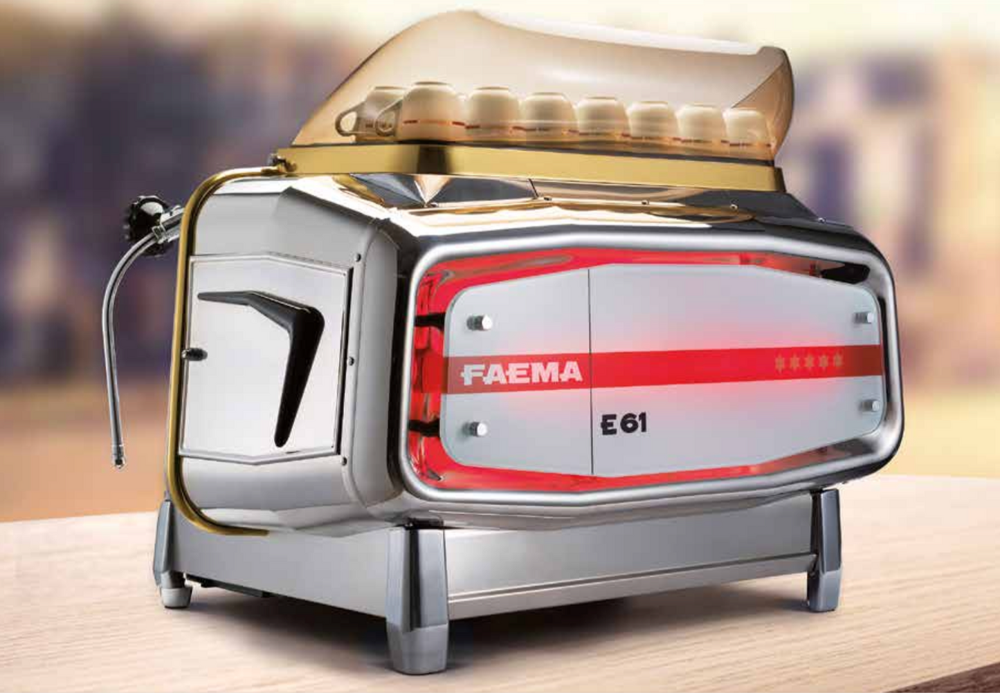 Rear view of the Faema E61 espresso machine showcasing retro design and chrome finish - Rear perspective of the iconic Faema E61, highlighting its timeless design and illuminated logo.