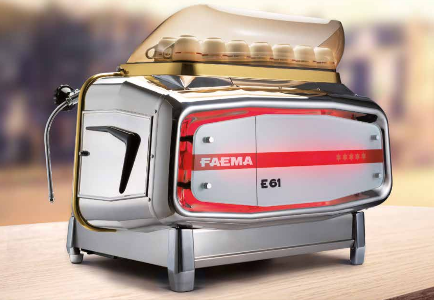 Rear view of the Faema E61 espresso machine showcasing retro design and chrome finish - Rear perspective of the iconic Faema E61, highlighting its timeless design and illuminated logo.