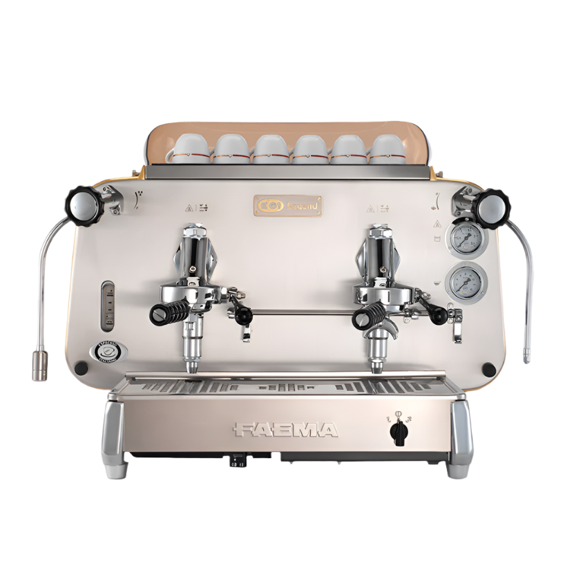 Front view of Faema E61 Legend Espresso Machine with dual group heads and steam wands - stainless steel commercial espresso machine. The iconic Faema E61 Legend espresso machine – dual-group design with steam wands, perfect for artisan cafés. The Faema E61 Legend with two group heads – ideal for busy coffee shops and passionate espresso professionals.
