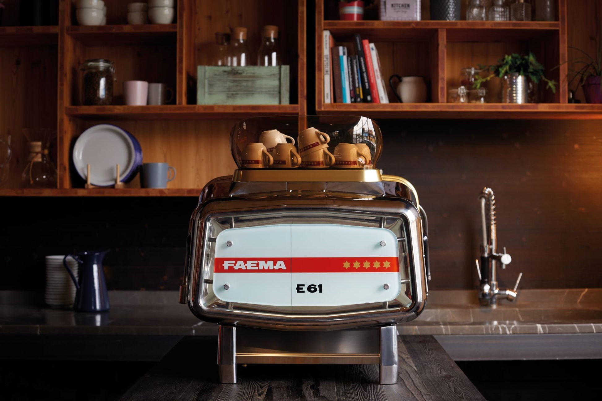Faema E61 Legend Espresso Machine in a cozy retro-modern kitchen – Retro Kitchen Elegance. A warm retro-modern kitchen featuring the iconic Faema E61 Legend – perfect for home or boutique cafés.
