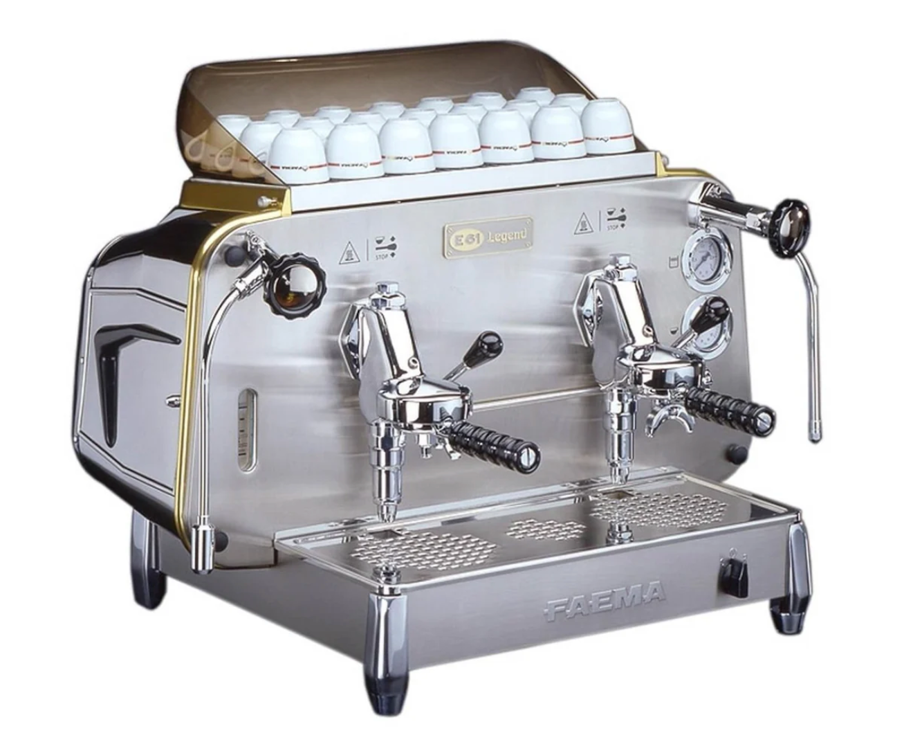 Faema E61 Legend two-group espresso machine with chrome finish and dual steam wands - Faema E61 Legend with two group heads—perfect for busy cafés and precision brewing.