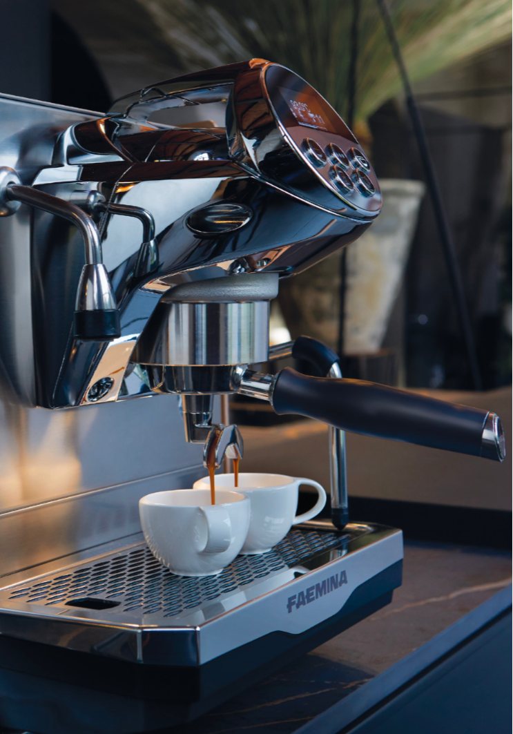 Faemina espresso machine brewing dual espresso shots into two white cups -  Faemina Dual Shot Espresso Machine – Precision Brewing - Experience the perfect espresso extraction with the Faemina machine - crafted for connoisseurs who demand precision.