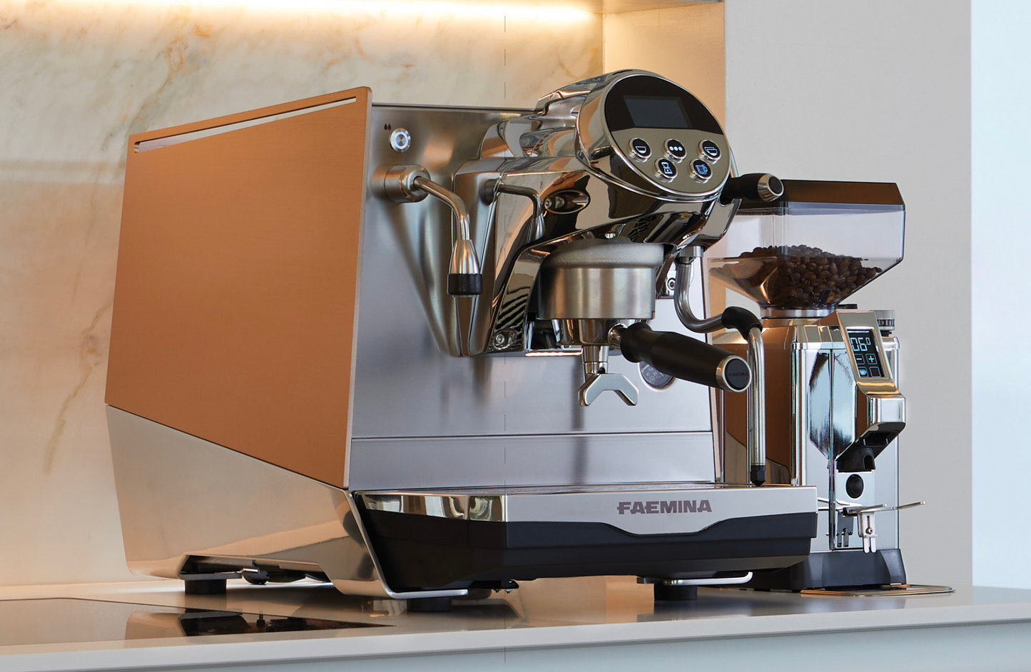Faemina espresso machine in copper finish on a luxury kitchen counter with coffee grinder - Faemina Espresso Machine – Copper Finish for Modern Kitchens - The Faemina espresso machine in an elegant copper finish, designed to elevate any contemporary kitchen setup.