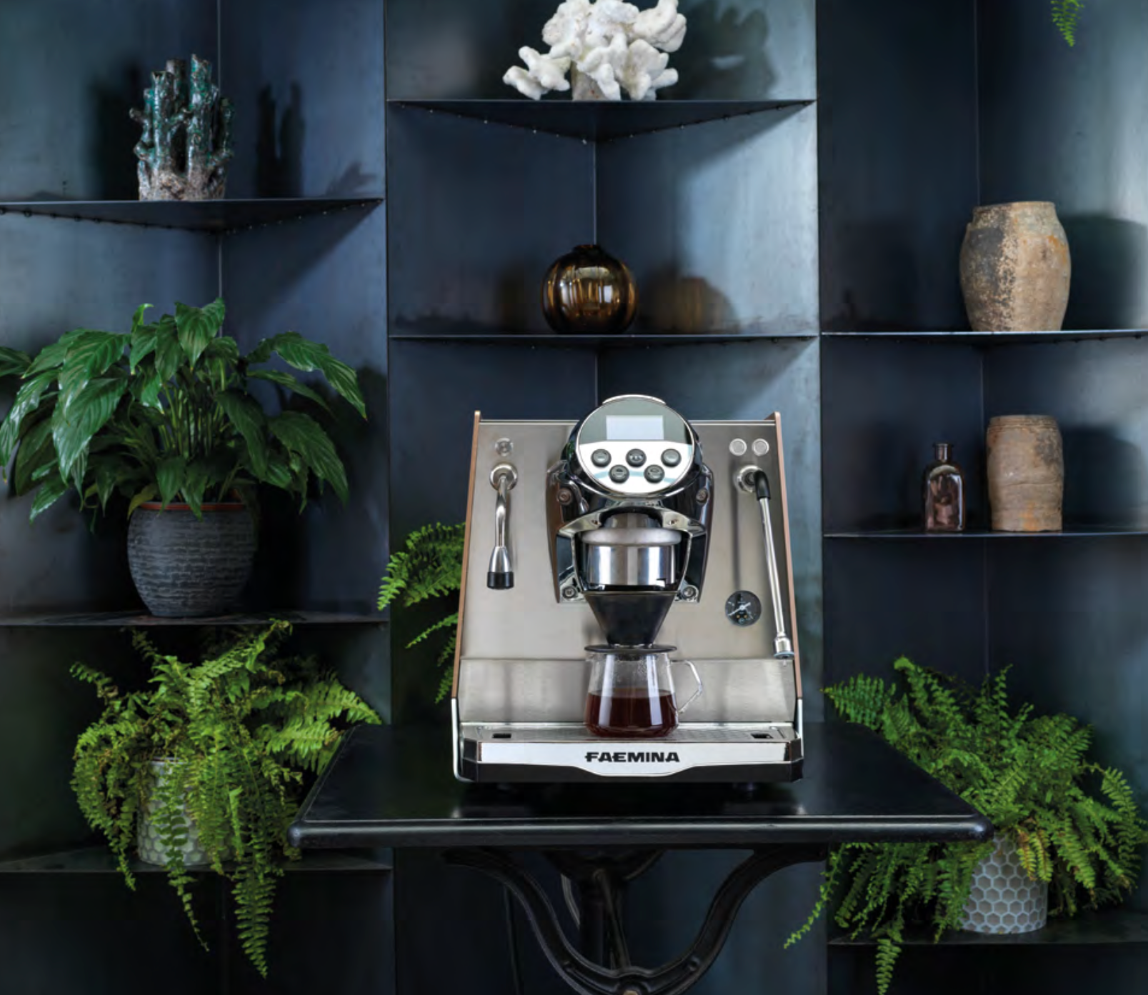 "Silver Faemina Espresso Machine on black shelves surrounded by green plants" - Faemina Espresso Machine in Silver – Modern Home Barista Station - Sleek silver Faemina espresso machine placed on stylish black shelving with vibrant green plants.