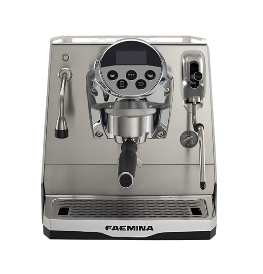 Faemina espresso machine front view in stainless steel with digital display and dual steam wands – perfect for home baristas -Faemina Espresso Machine – Premium Home Brewing Redefined -  The Faemina espresso machine combines elegant design with high-performance brewing technology, ideal for passionate home baristas.
