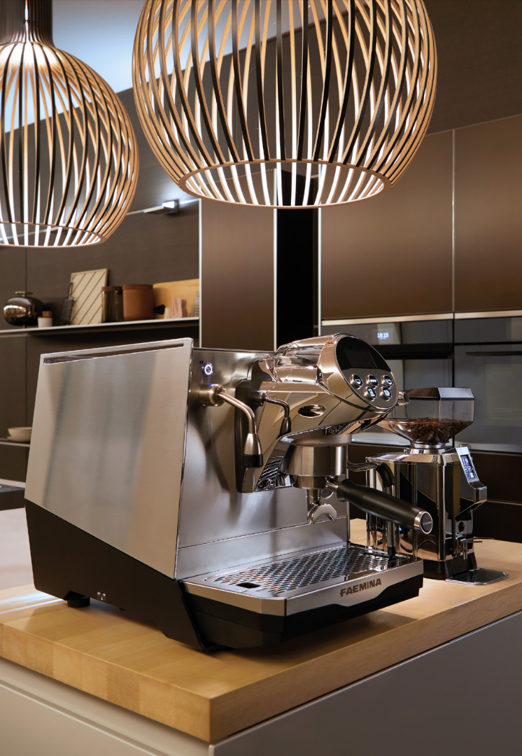 Stainless steel Faemina espresso machine with coffee grinder on a wooden counter - Faemina Espresso Machine – Stainless Steel Barista Setup - The Faemina espresso machine in brushed stainless steel—ideal for the ultimate home barista experience.