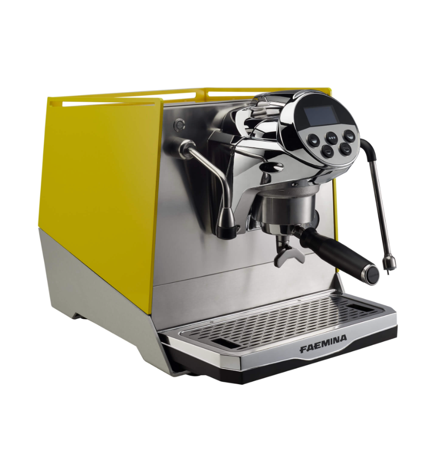 "Faemina espresso machine with yellow side panel - modern high-end home espresso machine" - Faemina Espresso Machine with Yellow Panel – Bold & Modern Statement - Brighten your coffee space with the bold yellow Faemina espresso machine. Exceptional quality meets vibrant design.