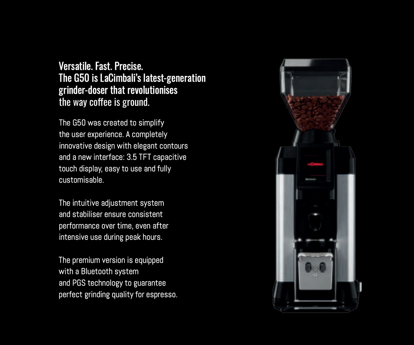 La Cimbali G50 coffee grinder front view with touch display and hopper full of coffee beans - La Cimbali G50 Grinder-Doser – Touch Display & Smart Grinding - Revolutionize your coffee workflow with the La Cimbali G50 – a premium grinder-doser featuring a 3.5" TFT touchscreen, Bluetooth connectivity, and elegant Italian design.