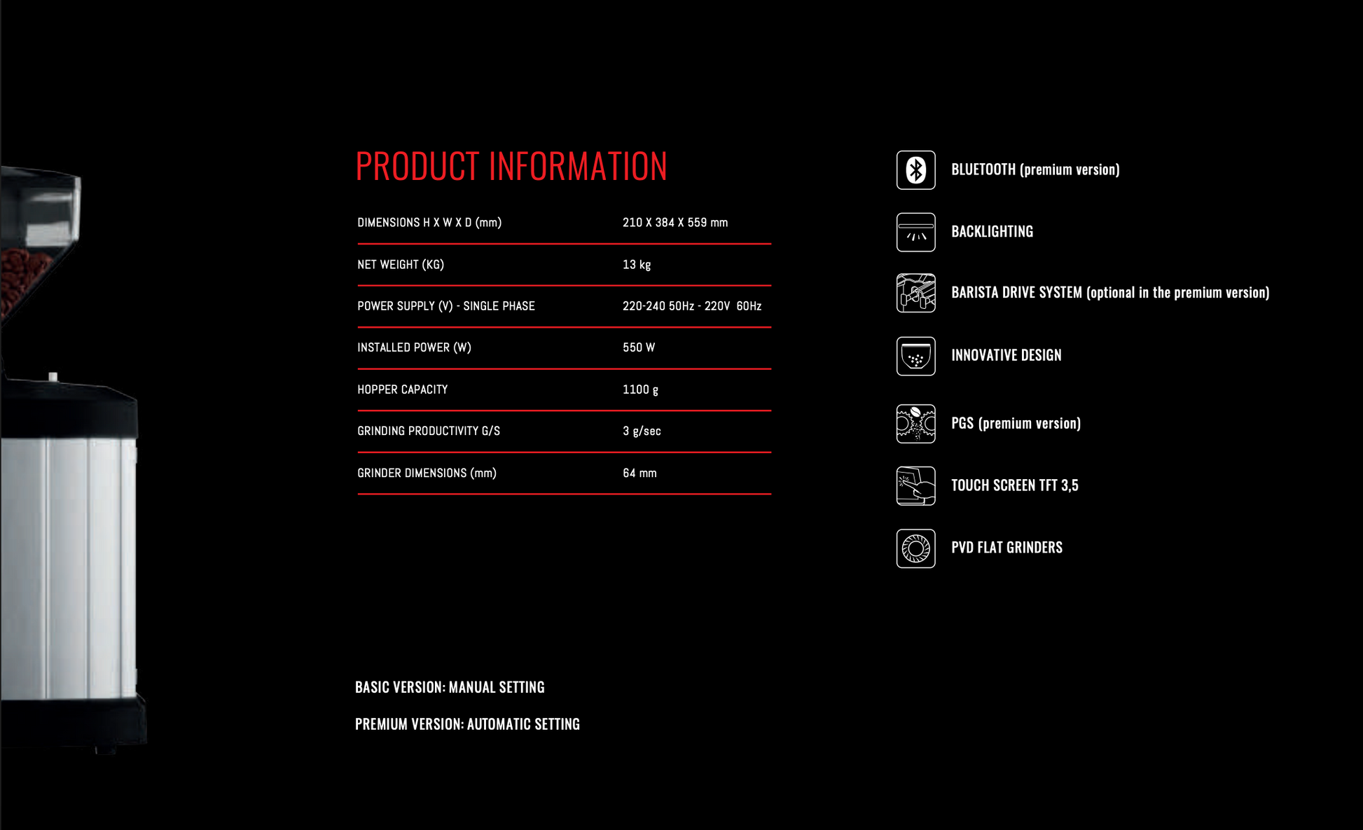 La Cimbali G50 grinder product specifications with features including Bluetooth, PGS, touchscreen, and barista drive system - La Cimbali G50 Technical Specs – High-Performance Espresso Grinder - Get the specs that matter: 1100g hopper, 3g/sec output, 64mm flat grinders, and smart features like PGS, Bluetooth, and touchscreen control.