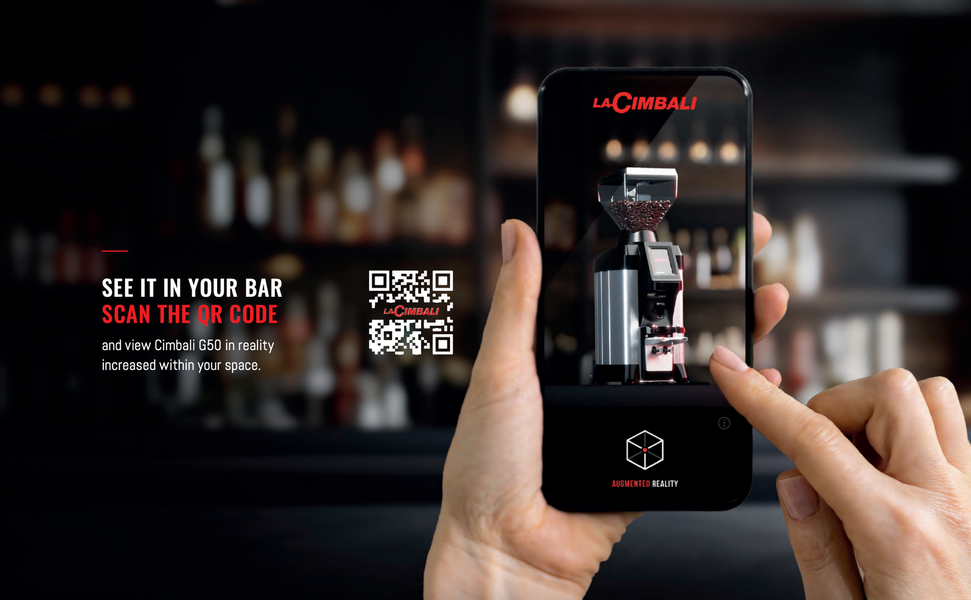 Smart Connection - Augmented reality view of the La Cimbali G-50 coffee grinder through a smartphone in a bar setting - Visualize the La Cimbali G-50 in Your Space with Augmented Reality - Use your phone to see the G-50 grinder in your café or bar with La Cimbali’s augmented reality experience.