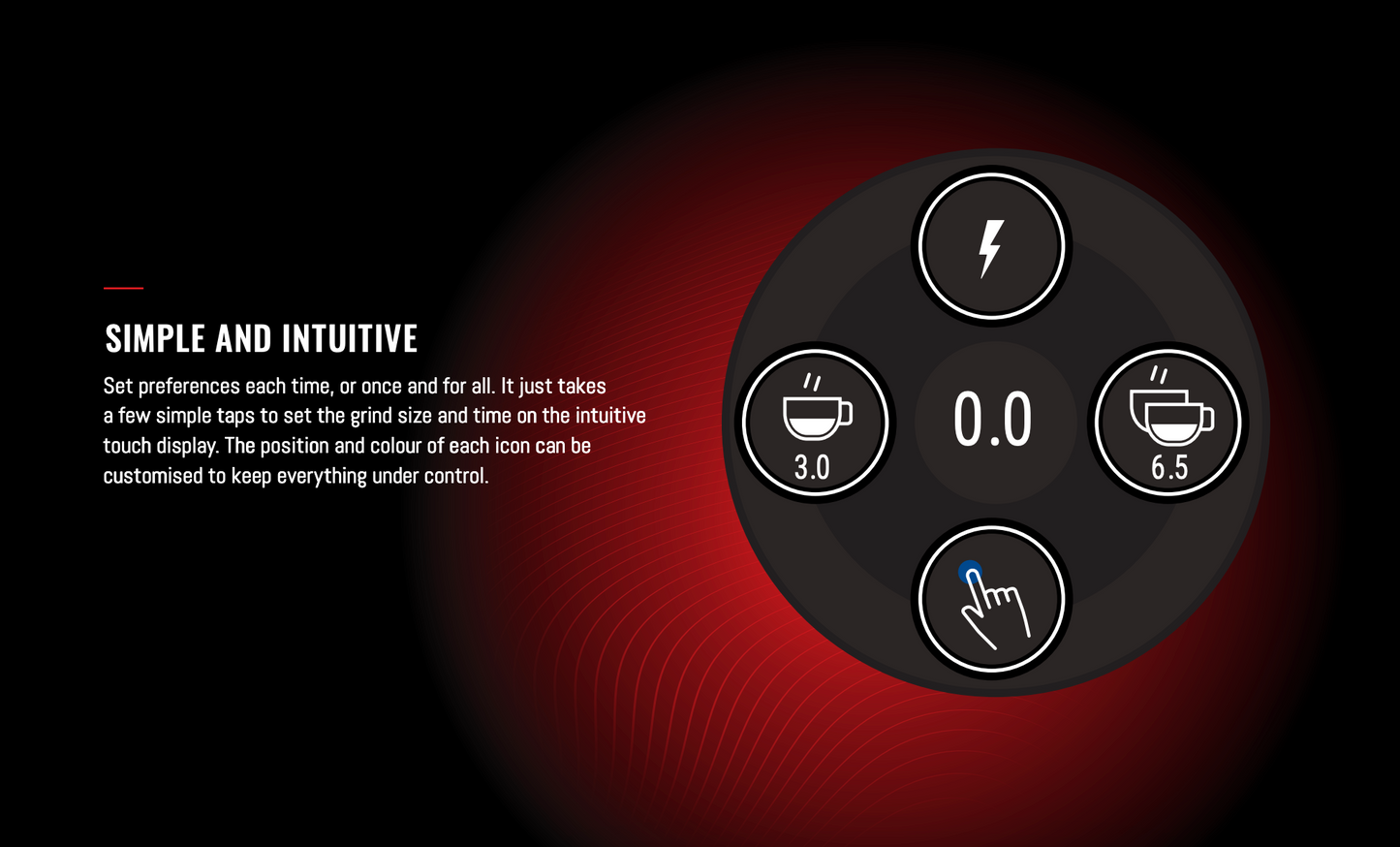 La Cimbali G-50 coffee grinder intuitive touch display showing customizable grind settings - La Cimbali G-50 Grinder – Customizable Touch Display for Precision Control - Set grind size and dose effortlessly with the G-50's intuitive touchscreen interface—simple, smart, and fully customizable.