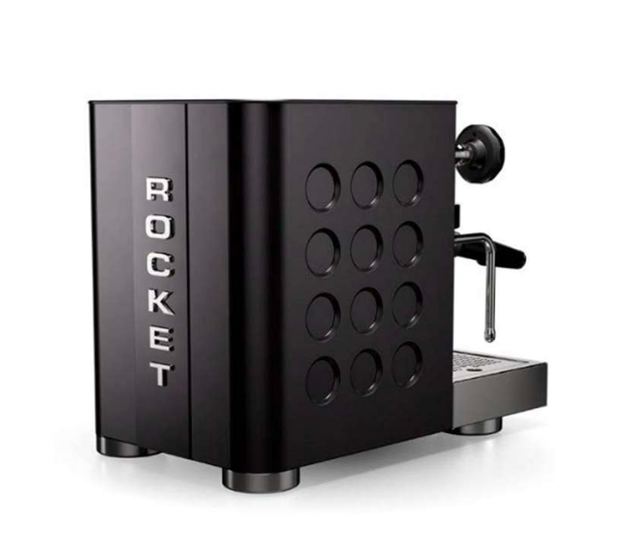 Back view of Rocket Appartamento TCA black espresso machine with Rocket branding - Rocket Appartamento TCA Black – Rear View Espresso Machine - Premium stainless steel and matte black rear with bold Rocket branding.