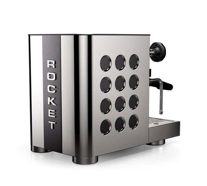 Back view of Rocket Appartamento TCA espresso machine with Rocket branding - Rocket Appartamento TCA – Rear View Espresso Machine - Polished stainless steel rear panel with bold Rocket branding.