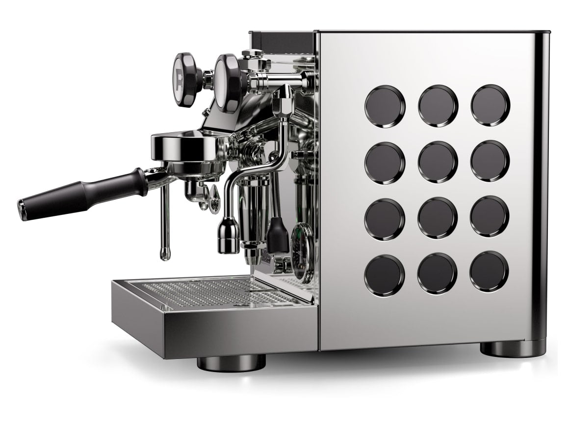 Rocket Appartamento TCA side view showing signature circular cutout design - Rocket Appartamento TCA – Side View Espresso Machine - Iconic side cutout design makes the Rocket Appartamento TCA a true statement piece.