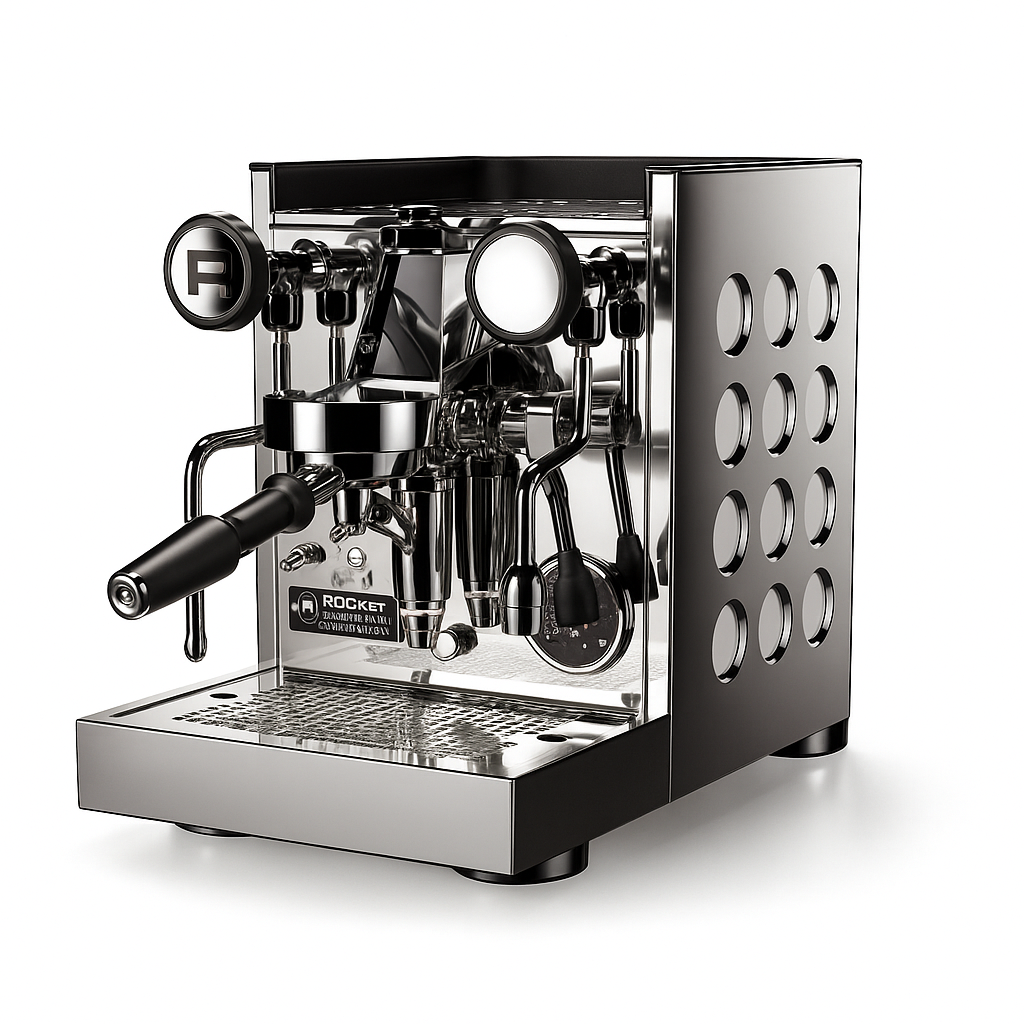 Rocket Appartamento TCA compact Italian espresso machine with signature circular cutout design - Rocket Appartamento TCA – Compact Heat Exchanger Espresso Machine - Compact, stylish, and powerful – the Rocket Appartamento TCA brings café-quality espresso home.